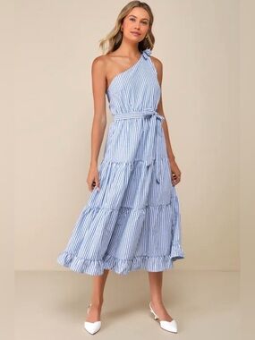 Lulu's One-Shoulder Blue & White Striped Tie-Waist Midi Dress
